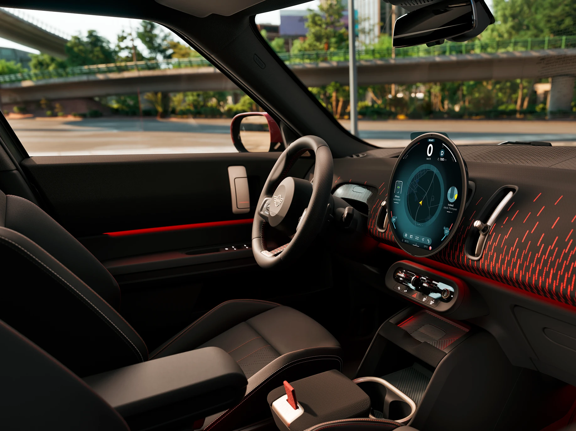 MINI Countrymani interjööri külgvaade John Cooper Worksi varustustasemega armatuurlauale.
