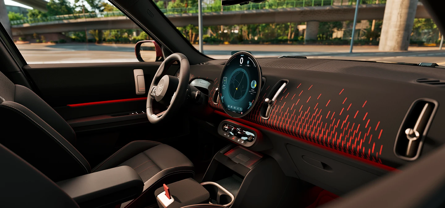 MINI Countrymani interjööri külgvaade John Cooper Worksi varustustasemega armatuurlauale.