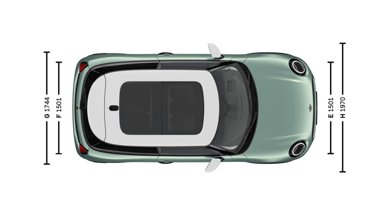 MINI Cooper, kolmeukseline – mõõtmed – sissejuhatav pilt linnulennult
